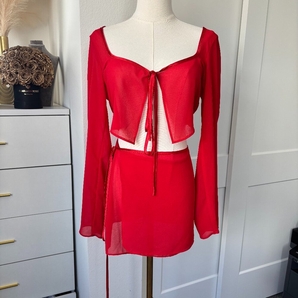 SALTY Red Sheer 2 Piece Set Long-sleeve Tie-front Top Ruffled Skirt Size Small